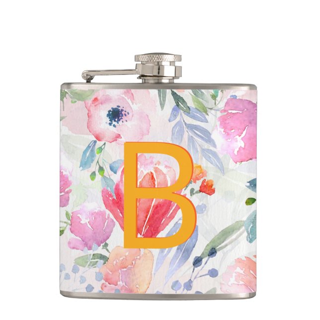 Blush pink purple florals monogram flask (Front)
