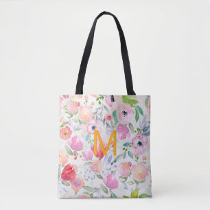 Blush pink purple florals watercolor monogram chic tote bag
