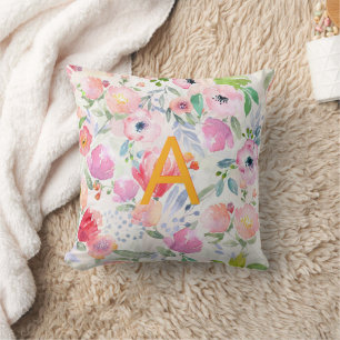 Blush pink purple florals watercolor monogram throw pillow
