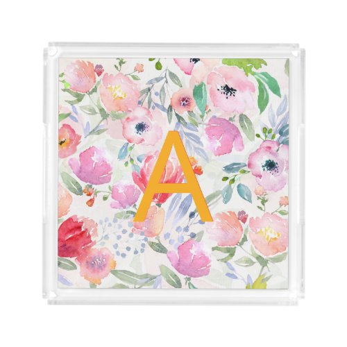 Blush pink purple flowers monogram acrylic tray