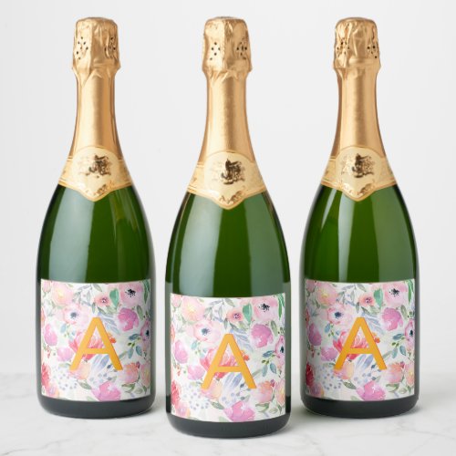 Blush pink purple flowers monogram sparkling wine label