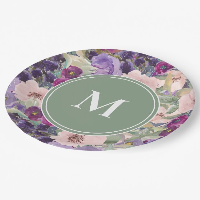 Blush Pink Purple Flowers Sage Green Monogram Paper Plates (Angled)