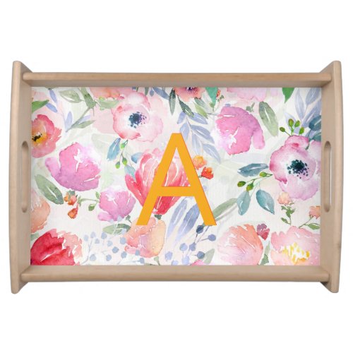 Blush pink purple flowers watercolor monogram serving tray