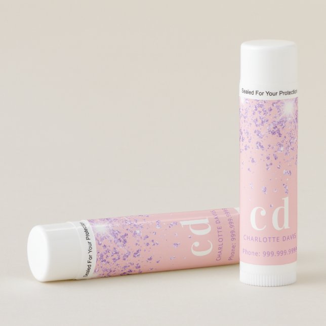 Blush pink purple glitter custom monogram business lip balm (Front)