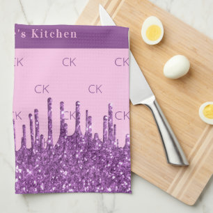 Blush pink purple glitter custom monogram text kitchen towel