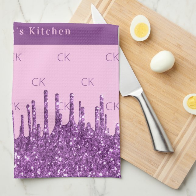Blush pink purple glitter custom monogram text kitchen towel (Quarter Fold)