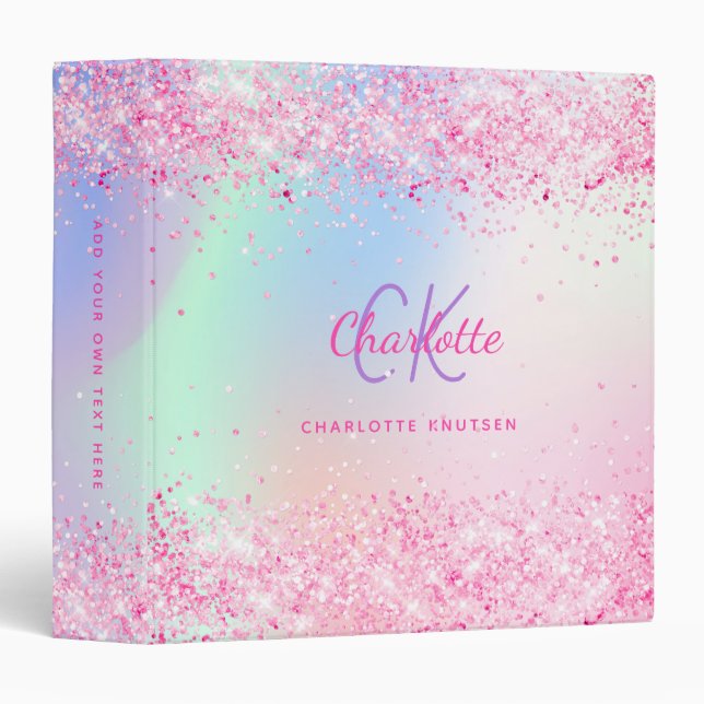 Blush pink purple glitter dust holographic name 3 ring binder (Front/Spine)