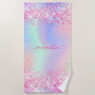 Blush pink purple glitter dust holographic name beach towel
