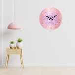 Blush pink purple glitter dust metal name script large clock<br><div class="desc">A blush pink faux metallic looking background,  decorated with purple faux glitter dust. Golden numbers.</div>