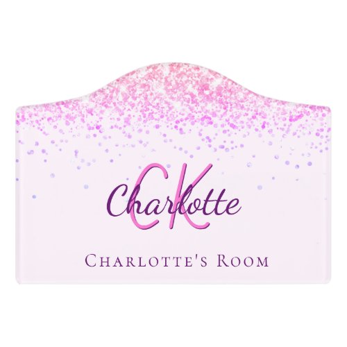 Blush pink purple glitter dust monogram name door sign