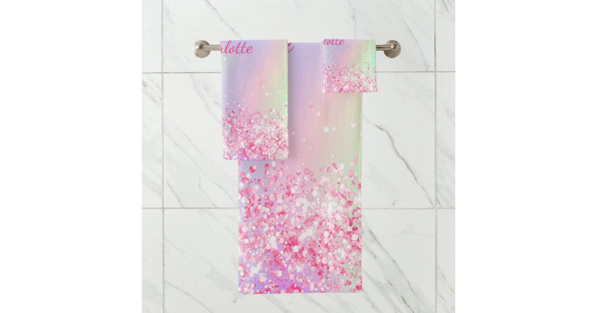 Blush pink purple glitter girl holographic bath towel set Zazzle