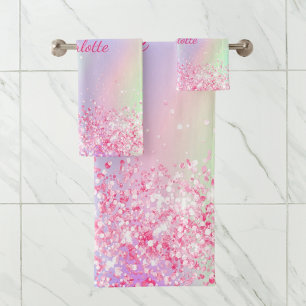 Blush pink purple glitter girl holographic bath towel set