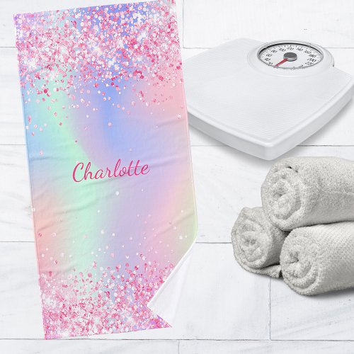 Blush pink purple glitter holographic girl bath towel