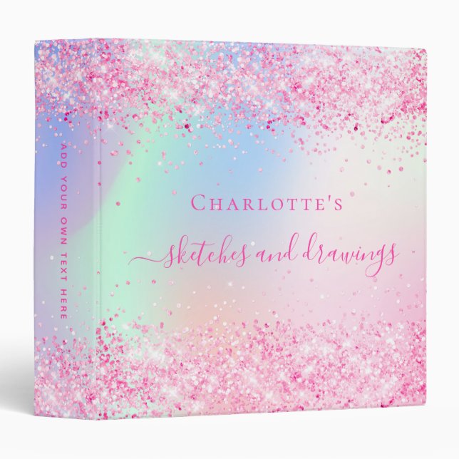 Blush pink purple glitter holographic name  3 ring binder (Front/Spine)