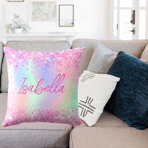 Blush pink purple glitter holographic name throw pillow