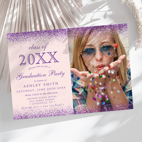 Blush Pink Purple Glitter Photo Graduation Invitation