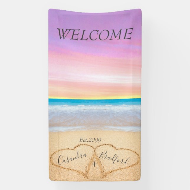 Blush Pink Purple  Hearts Beach welcome wedding Banner (Vertical)