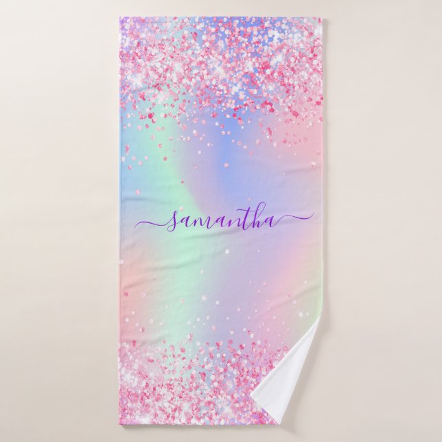 Blush pink purple holographic name bath towel (Bath Towel)