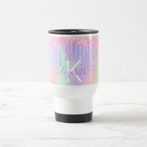 Blush pink purple holographic name monogram travel mug