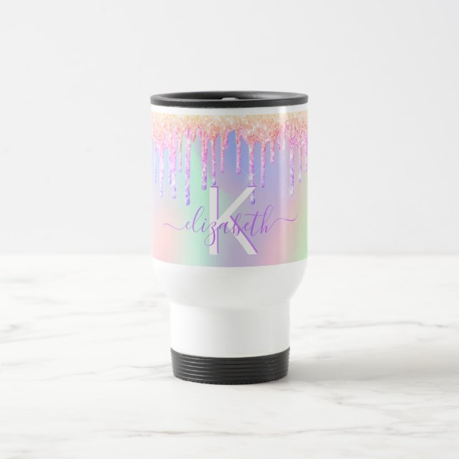 Blush pink purple holographic name monogram travel mug (Center)