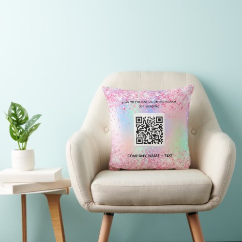 Blush pink purple holographic qr code business throw pillow