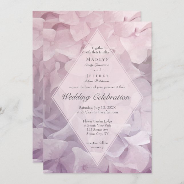 Blush Pink Purple Hydrangea Summer Garden Wedding Invitation (Front/Back)