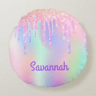 Blush pink purple iridescent name girl round pillow