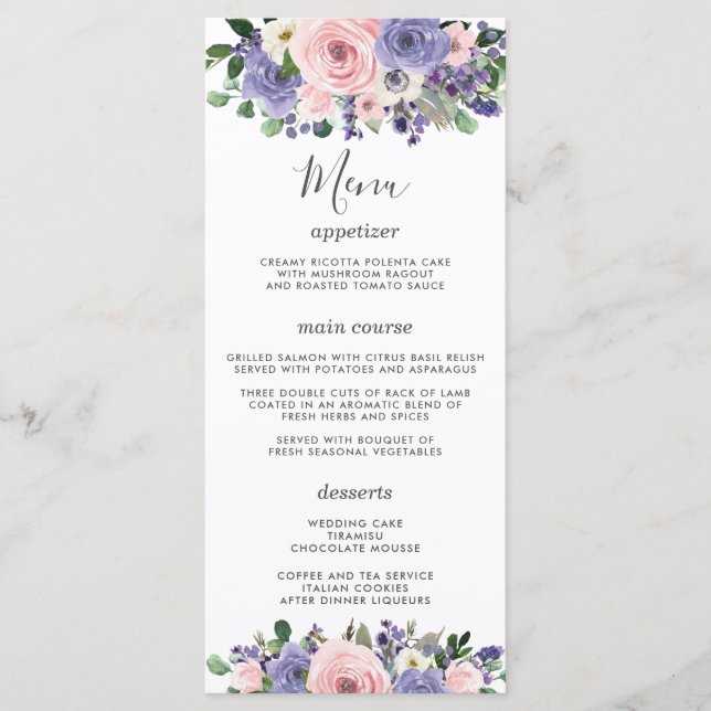 Blush Pink Purple Lavender Floral Wedding Menu (Front)