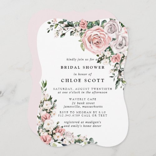 Blush Pink Purple Rose Floral Bridal Shower Invitation