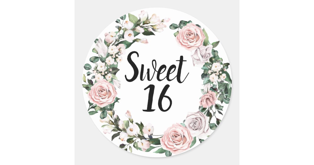 Sweet 16 Pink Roses Blush Pink Purple Rose Floral Sweet Sixteen Classic Round Sticker | Zazzle