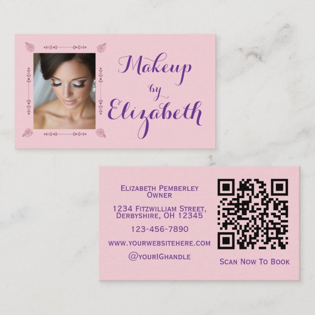 Blush Pink Purple Script Photo Makeup Business Card (Front/Back)