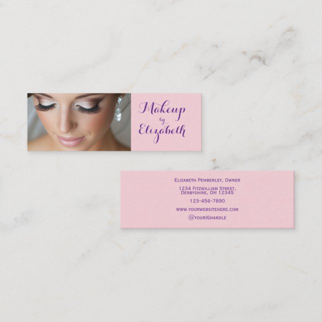 Blush Pink Purple Script Photo Makeup Mini Business Card (Front/Back)