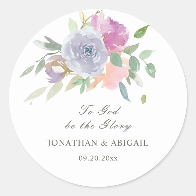 Blush Pink Purple Simple Floral Christian Wedding Classic Round Sticker (Front)