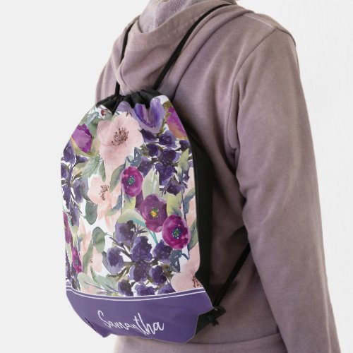 Blush Pink Purple Watercolor Floral Boho Monogram Drawstring Bag