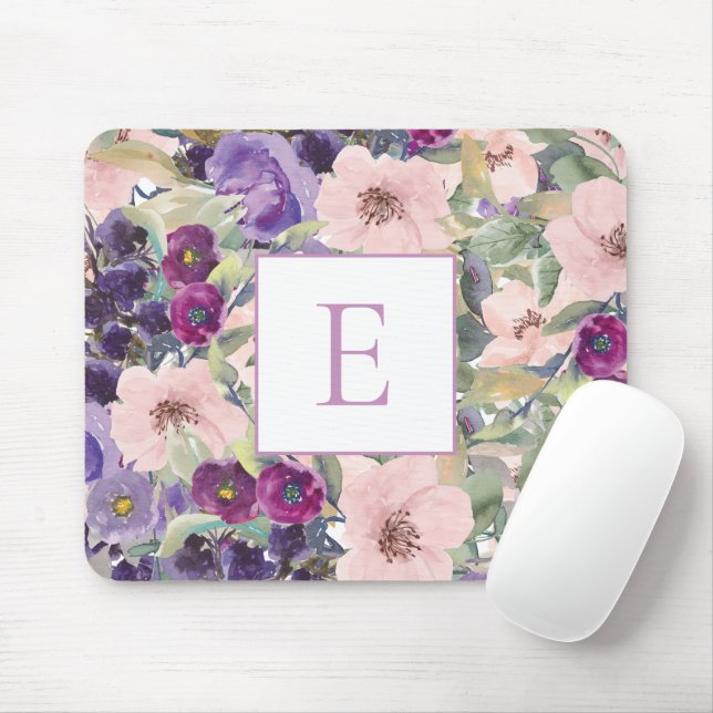 Blush Pink Purple Watercolor Floral Monogram Mouse Pad (With Mouse)