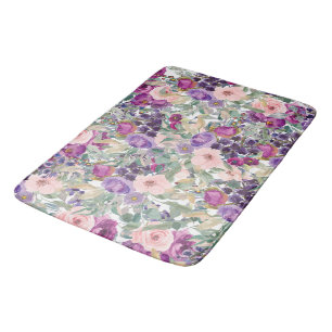 Blush Pink Purple Watercolor Floral Sage Green Bath Mat