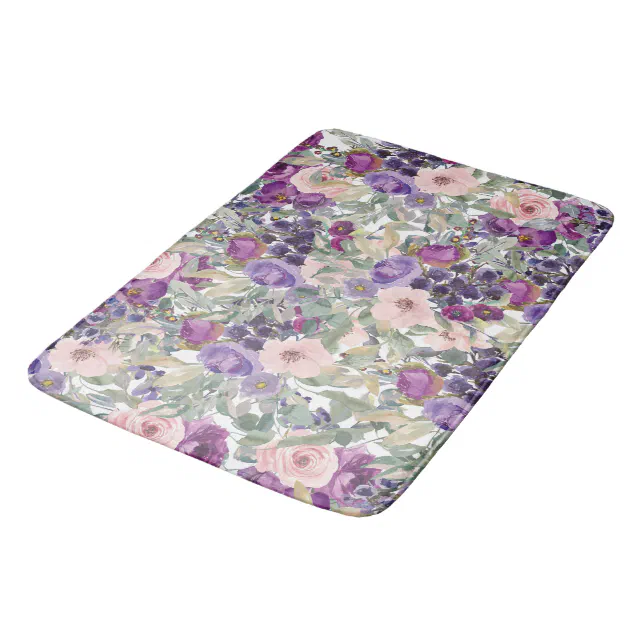 Blush Pink Purple Watercolor Floral Sage Green Bath Mat Zazzle