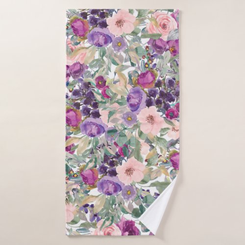 Blush Pink Purple Watercolor Floral Sage Green Bath Towel