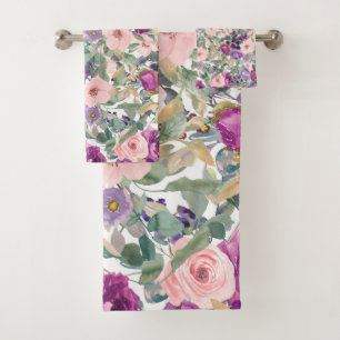 Blush Pink Purple Watercolor Floral Sage Green Bath Towel Set