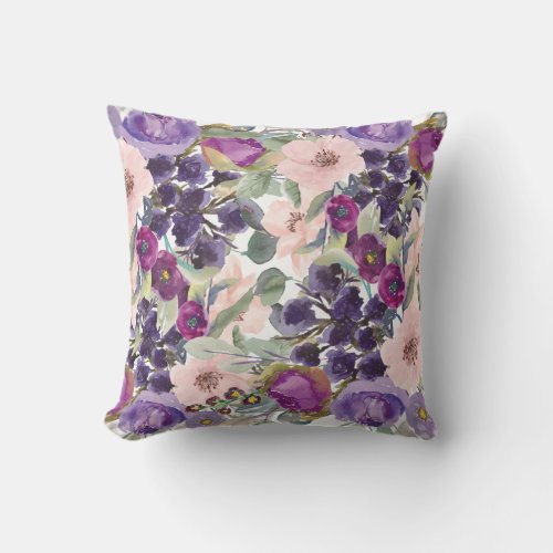 Blush Pink Purple Watercolor Floral Sage Green Throw Pillow