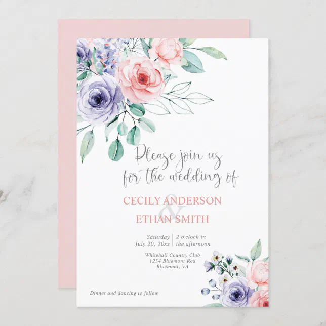 Blush Pink & Purple Watercolor Flowers Wedding Invitation | Zazzle