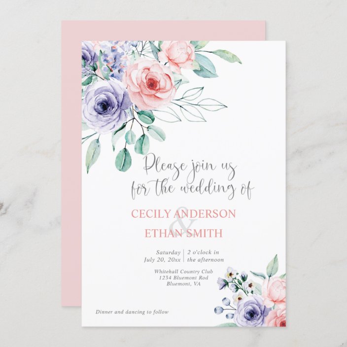 Blush Pink & Purple Watercolor Flowers Wedding Invitation | Zazzle.com