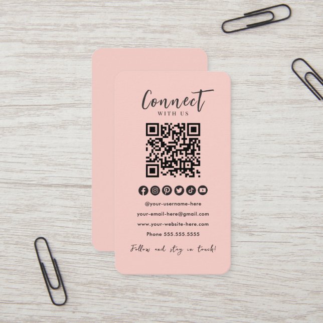 Blush Pink QR Code Connect With Us Social Media Business Card (Front/Back In Situ)