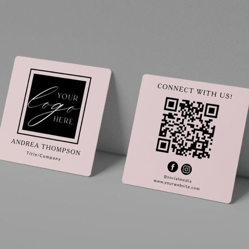 Blush Pink QR code Custom Logo Connect with Us Square Business Card