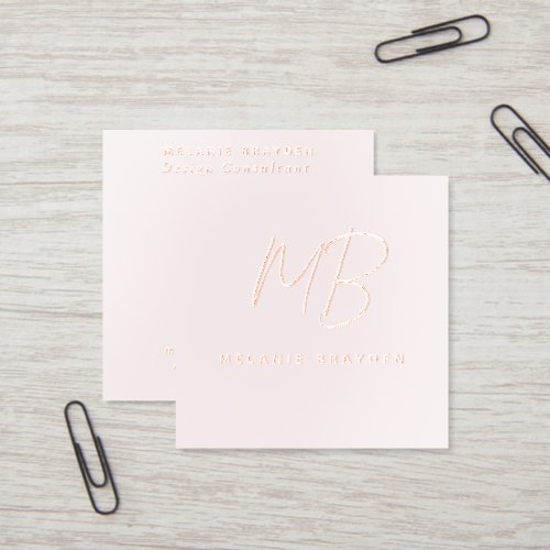 Blush Pink QR Code Minimalist Monogram Custom Logo Foil Business Cards