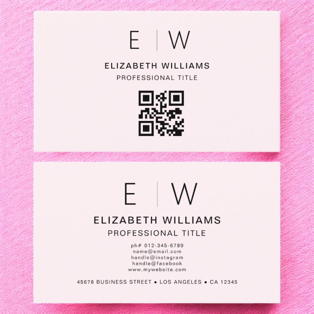 Blush Pink QR Code Monogram Minimalist  Business Card (Creator Uploaded)
