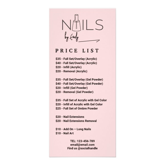 Blush Pink QR code Nail Salon Price List Sign Rack Card (Front)