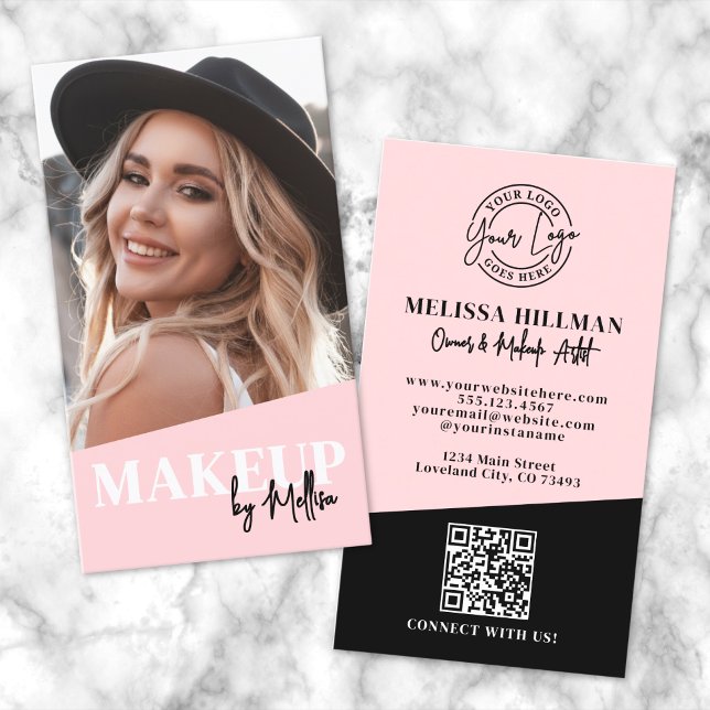 Blush Pink QR Code Photo Logo Makeup Vertical Business Card (Blush Pink QR Code Photo Logo Makeup Vertical Business Card)