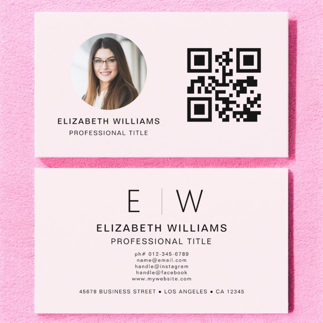 Blush Pink QR Code Photo Monogram Minimalist Business Card (Creator Uploaded)