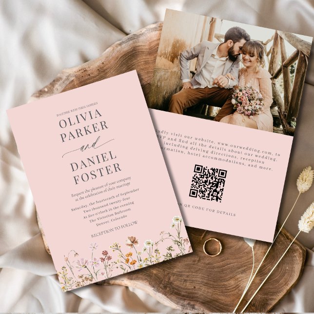 Blush Pink QR Code Photo Wildflower Wedding  Invitation (Creator Uploaded)